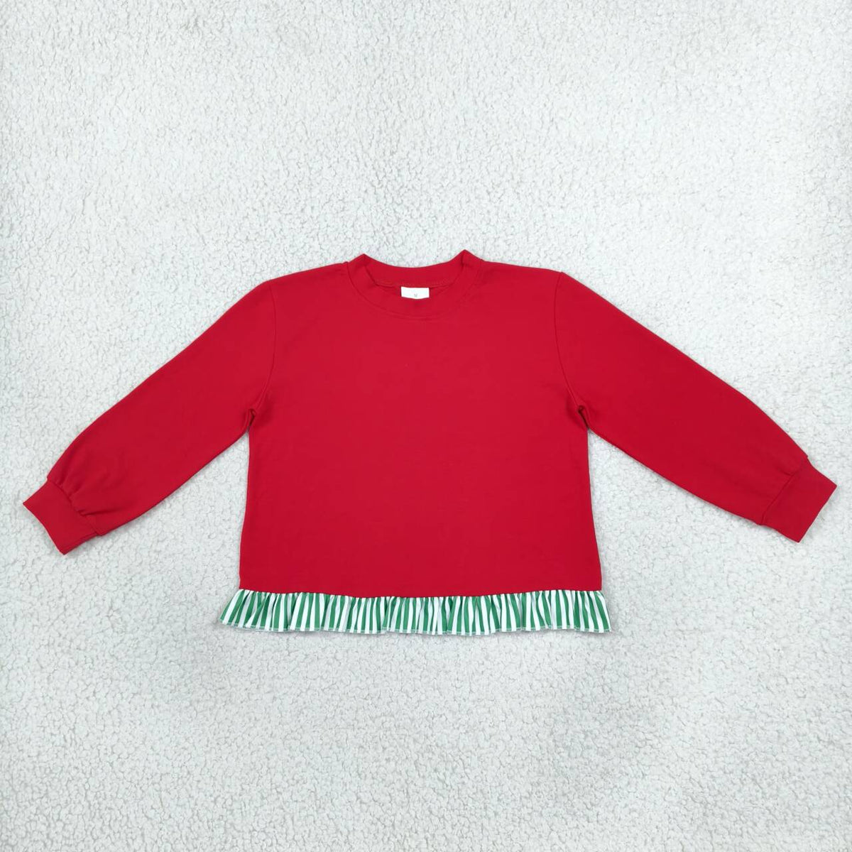 GT1935 Girls Red Long Sleeve Top with Green Striped Ruffle