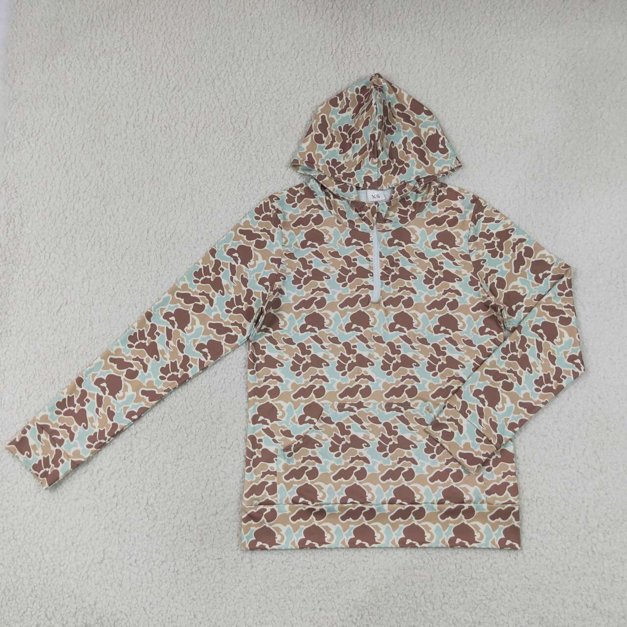 Adult Women Light Brown Camo Long Sleeve Half Zipper Hoodie Top