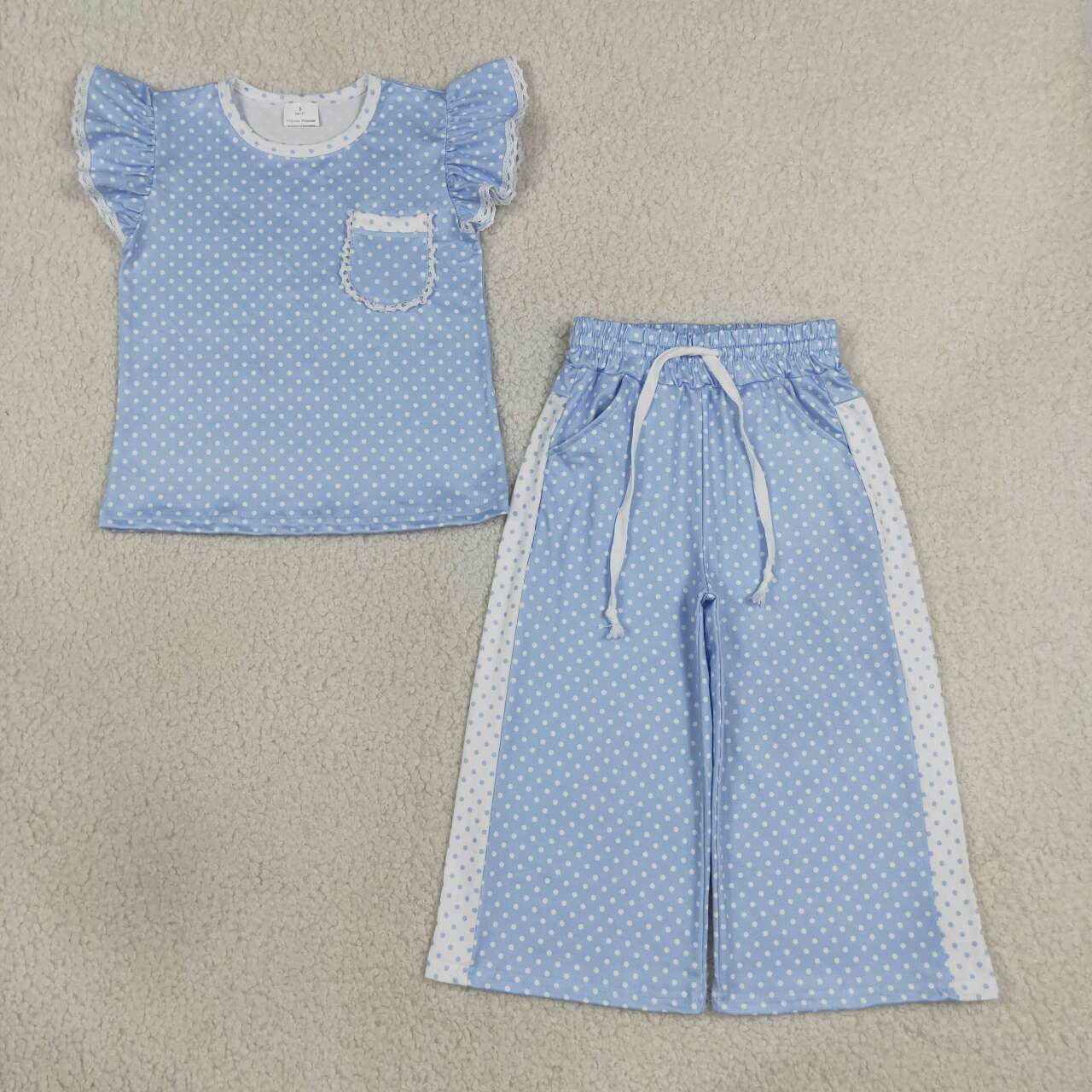 Girls Blue Polka Dot Ruffle Tank & Wide Leg Pants 2 Piece Outfit