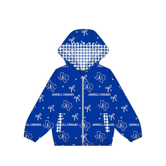 (Custom Design Preorder MOQ 5) Teams Jarrell Cougars Bows Stars Print Girls Pockets Zipper Ruffle Hoodie Yoga Jacket Top
