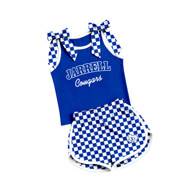 (Custom Design Preorder MOQ 5) Teams Jarrell cougars Bows Vest Top Checkerd Shorts Mommy and Me Summer Yoga Clothes Set