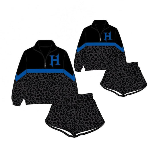 (Custom Design Preorder MOQ 5) Teams Johns Hopkins Blue Jays Long Sleeve Zipper Top Black Leopard Shorts Mommy and Me Outfits