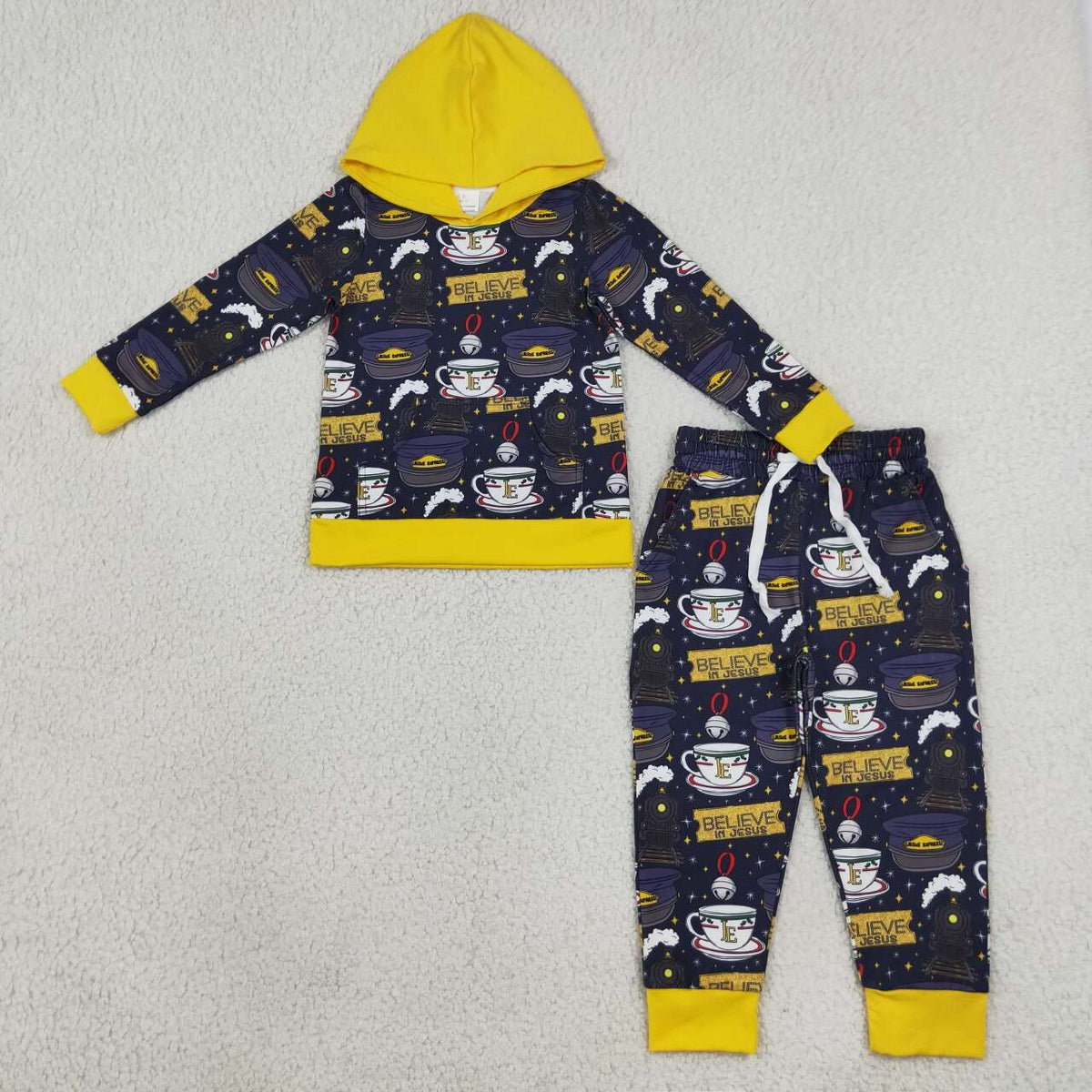 BLP1552 Film Characters Train Believe in Jesus Hoodie Top Pockets Pants Boys Christmas Clothes Set