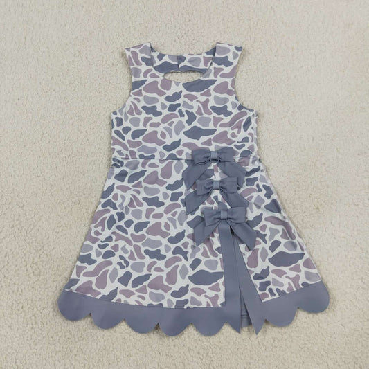 GSD4226 Grey Camo Print Girls Summer Scallop Knee Length Yoga Dress
