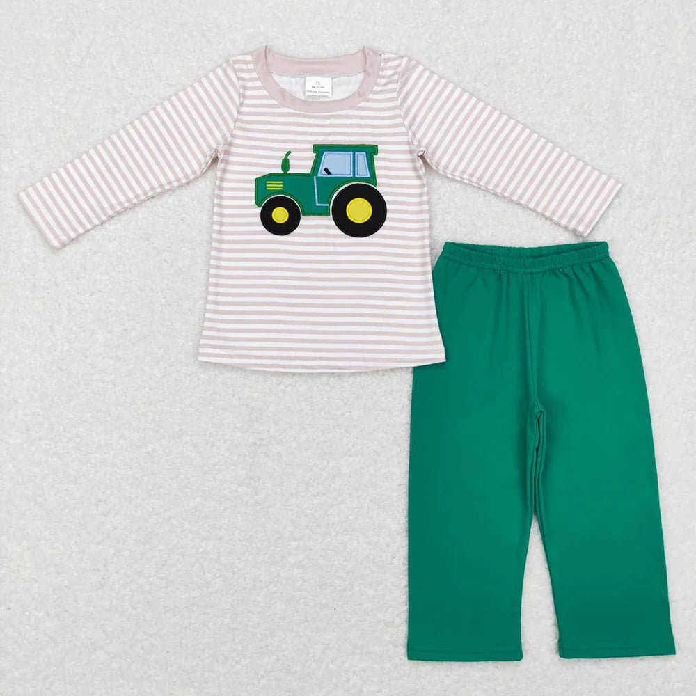 Baby Boys Embroidery Farm Tractor Striped Top Green Pants Outfit