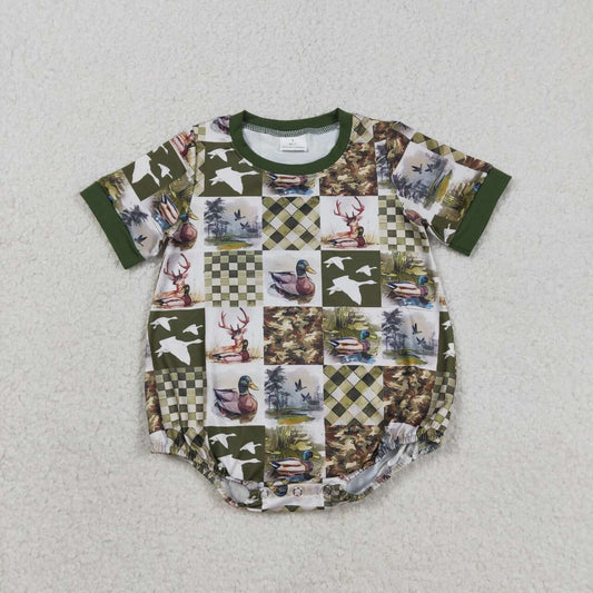 SR3837 Baby Boys Mallard Duck Hunging Deer Short Sleeve Bubble Romper