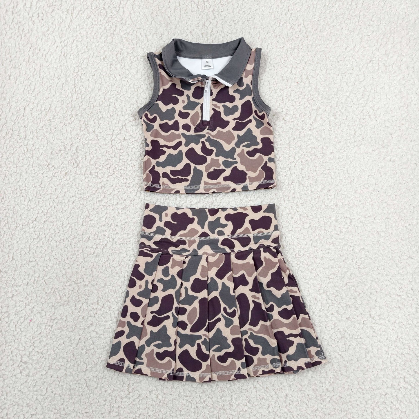 GSD3969 Dark Brown Camo Zipper Sleeveless Top Skort Girls Summer Yoga Clothes Set