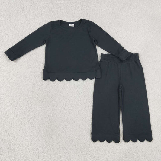 GLP3290 Black Cotton Scallop Edge Long Sleeve Pants Girls Fall Clothes Set
