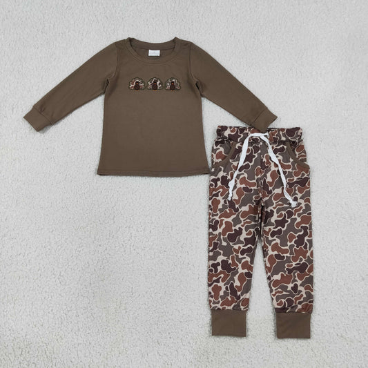 BLP1473 Turkey Embroidery Brown Top Camo Pants Boys Thanksgiving  Clothes Set