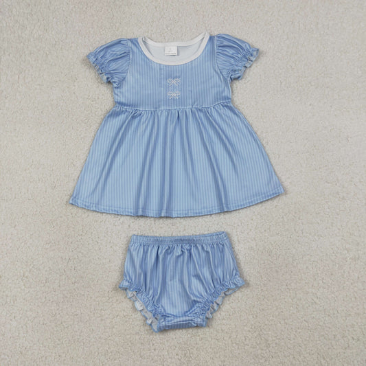 GBO0486 Baby Girls Bow Blue Striped Bummie Set