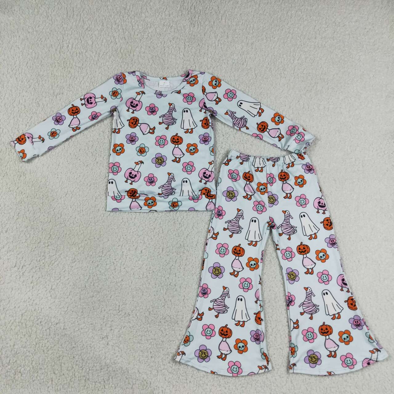 Goose Smiling Flowers Pumpkin Print Bell Pants Girls Halloween Clothes Set