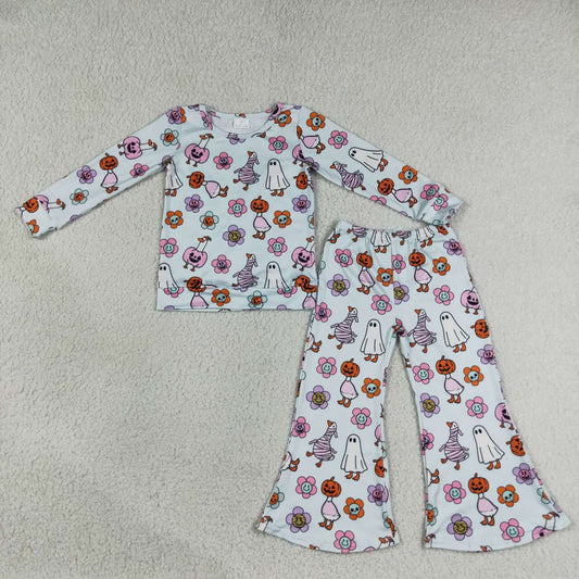 GLP3401 Goose Flowers Pumpkin Bell Pants Girls Halloween Clothes Set