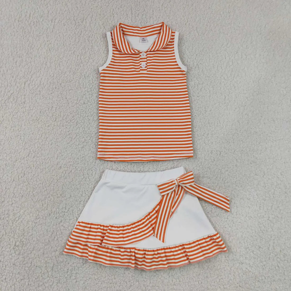 3 Colors Stripes Button Polo Top Ruffle Skort Girls Summer Active Clothes Set Sisters Yoga Sports Wear