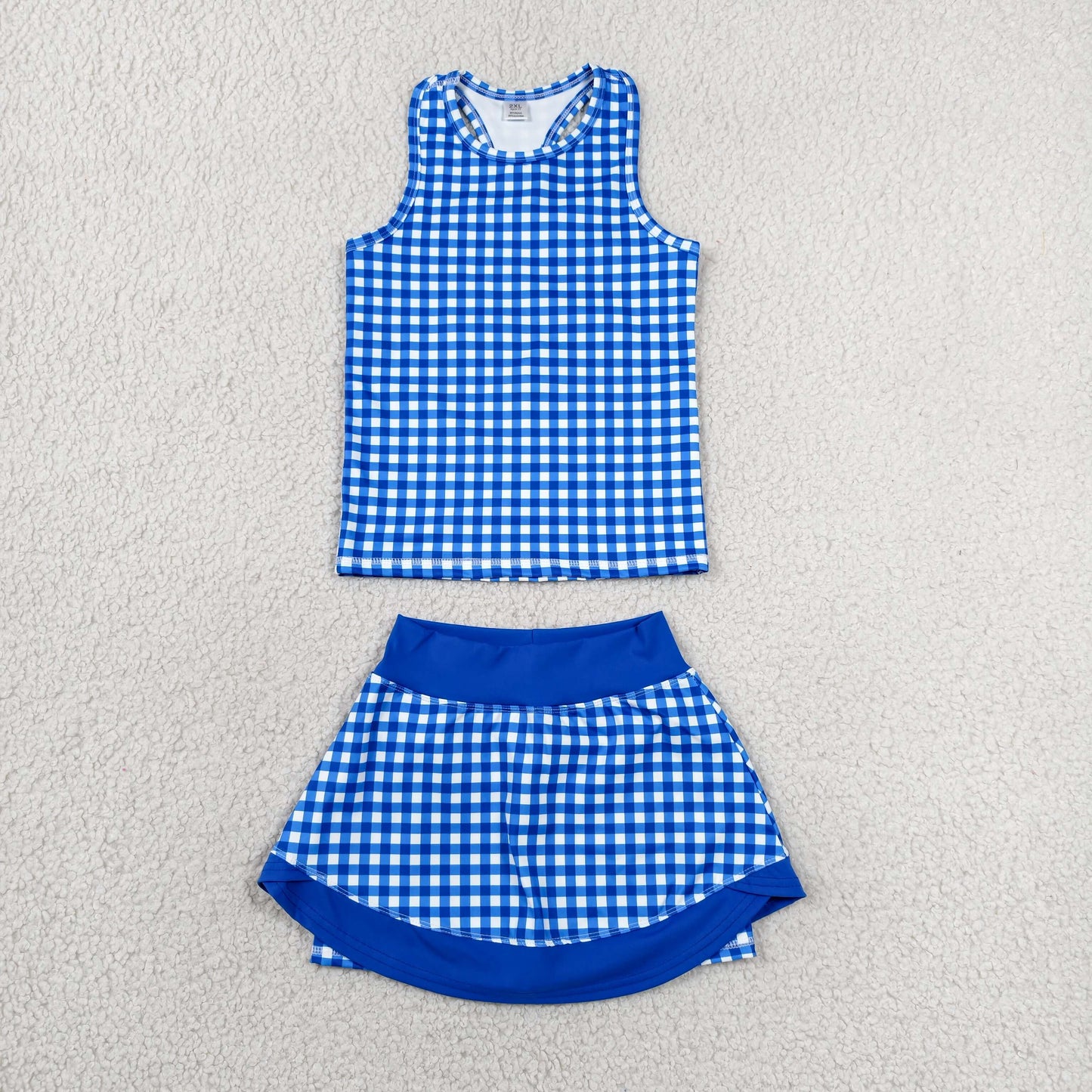 GSD3652 Toddler Girls Blue Plaid 2-Piece Set | Sleeveless Vest Top & Skort Active Outfits