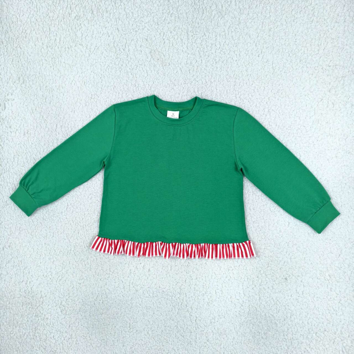 GT1936 Girls Green Long Sleeve Top with Red Striped Ruffle