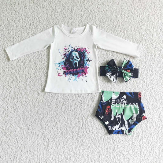 LR0031 SCREAM White Top Shorts Baby Girls Halloween Bummie Set