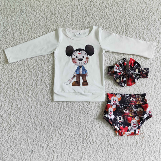 LR0032 Cartoon Mouse White Top Shorts Baby Girls Halloween Bummie Set