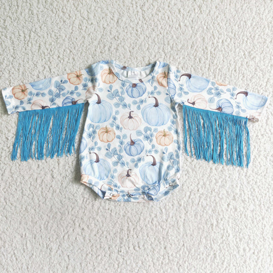 LR0047 Pumpkin Blue Print Baby Girls Fall Tassel Romper
