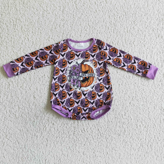 LR0079 Spooky Pumpkin Flowers Purple Baby Girls Halloween Romper