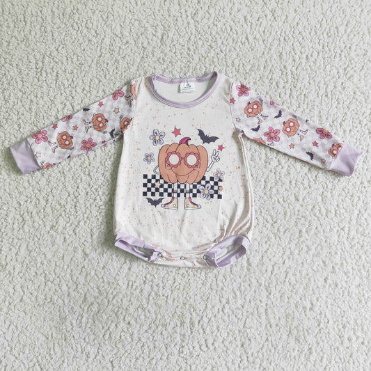 LR0083 Pumpkin Flowers Bat Print Baby Girls Halloween Romper