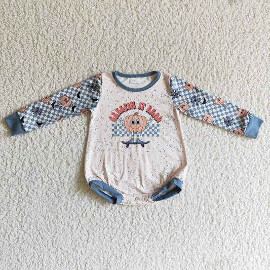 LR0087 Pumpkin Plaid Print Baby Boys Halloween Romper