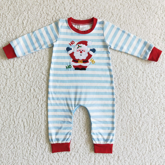 LR0121 Santa Embroidery Blue Stripes Baby Boys Christmas Ruffle Romper