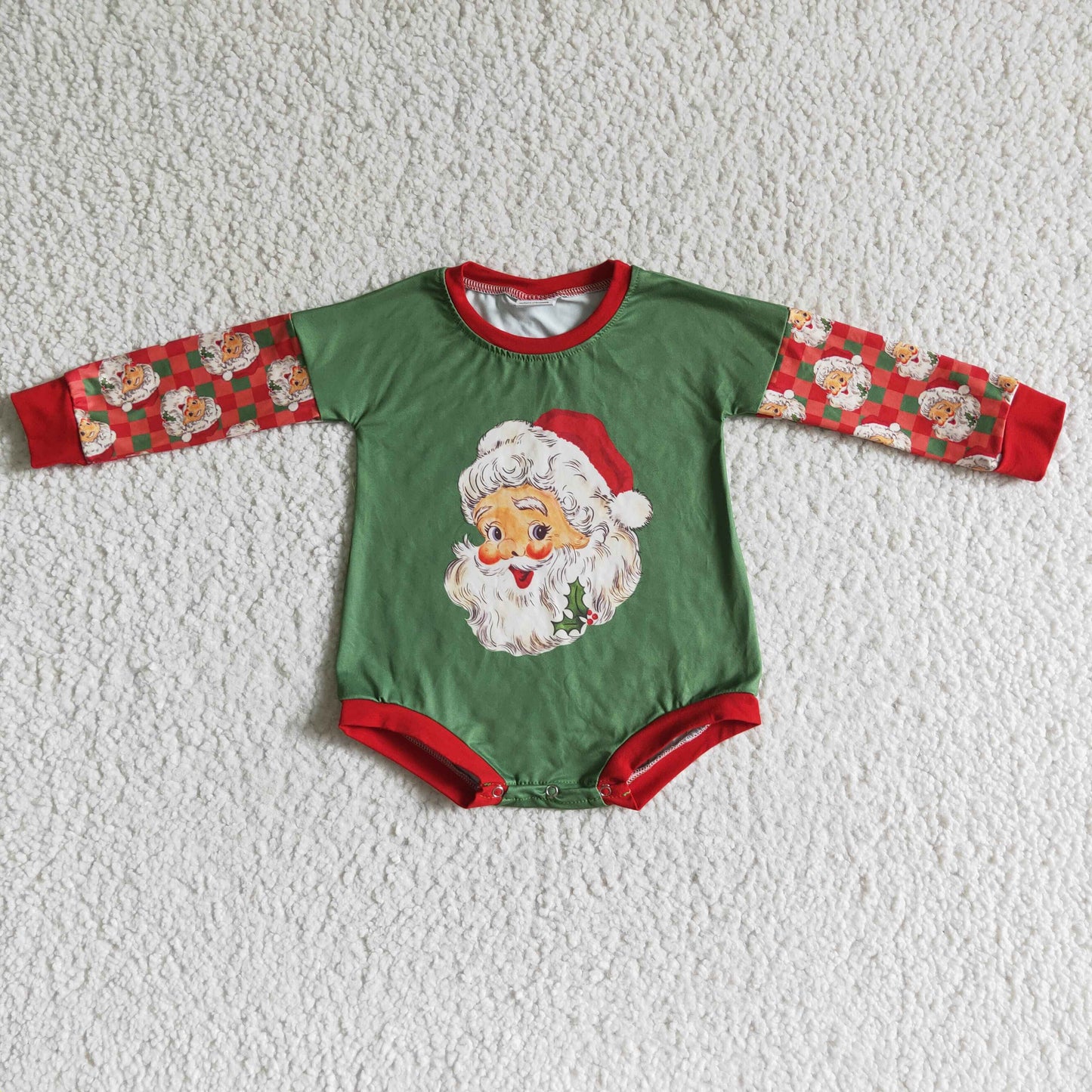 LR0137 Santa Holly Green Print Baby Girls Christmas Romper
