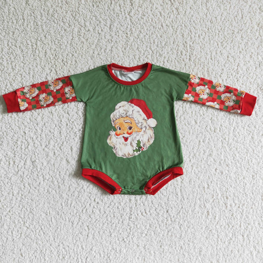 LR0137 Santa Holly Green Print Baby Girls Christmas Romper