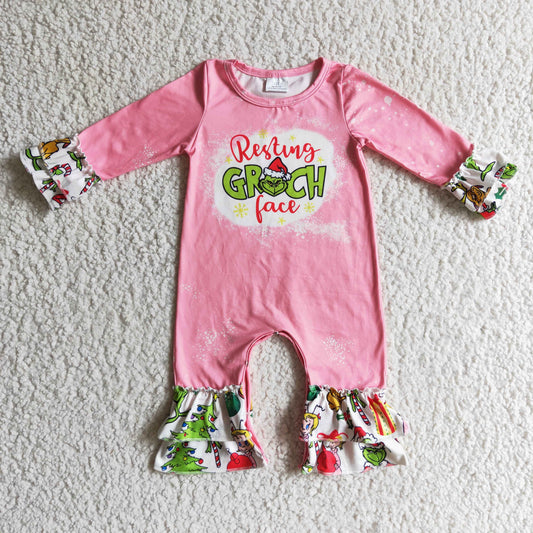 LR0154 Green Frog Pink Print Baby Girls Christmas Ruffle Romper