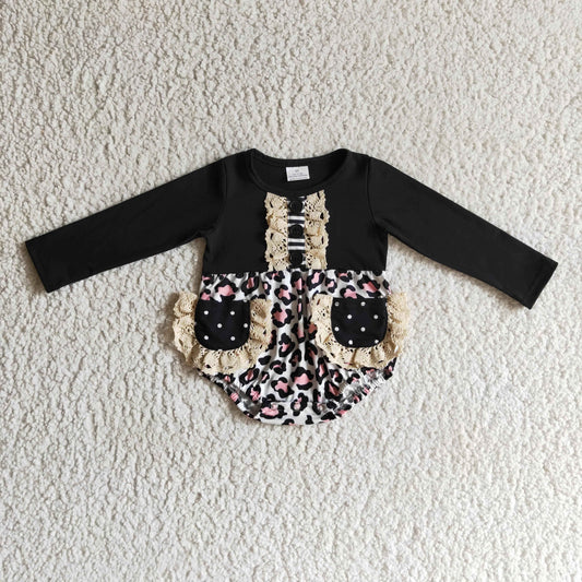 Girls long sleeve fall pockets cotton lace romper   LR0167