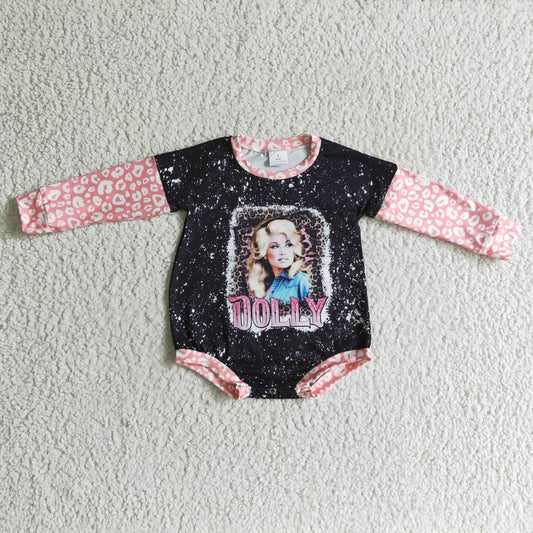 LR0180 Singer Doll* Pink Leopard Print Baby Girls Long Sleeve Romper