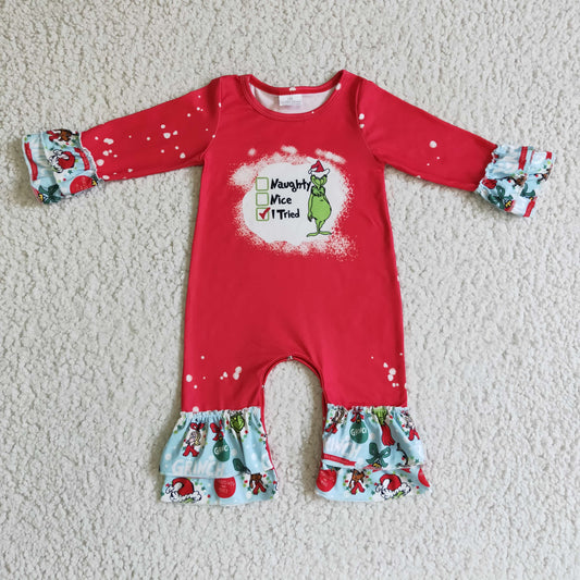 LR0193 Green Frog Print Baby Girls Christmas Ruffle Romper