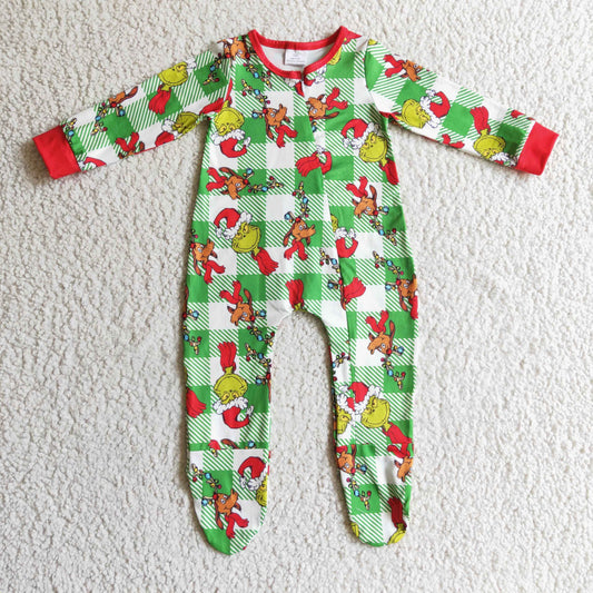 LR0194 Green Frog Checkered Print Baby Christmas Zipper Footie Romper
