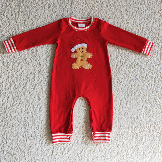 LR0195 Gingerbread Embroidery Red Baby Boys Christmas Romper