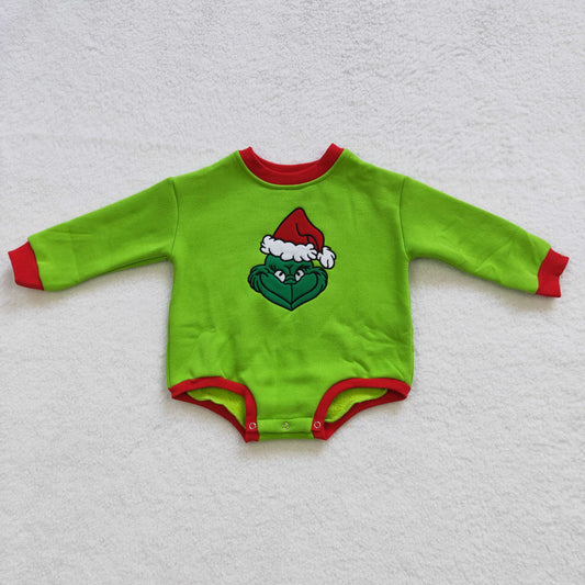LR0277 Green Frog Smiling Embroidery Baby Girls Christmas Thick Romper