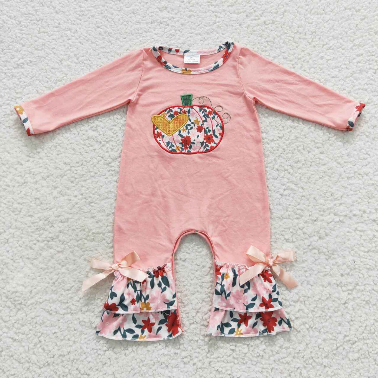 LR0278 Pumpkin Embroidery Flowers Print Baby Girls Ruffle Fall Romper