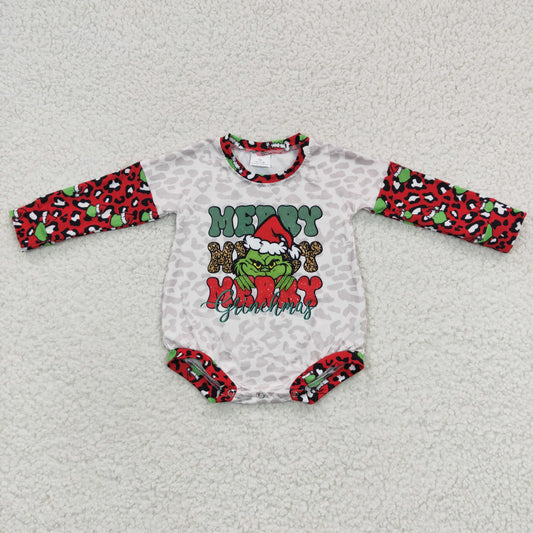 LR0279 Green Frog Leopard Print Baby Girls Merry Christmas Romper