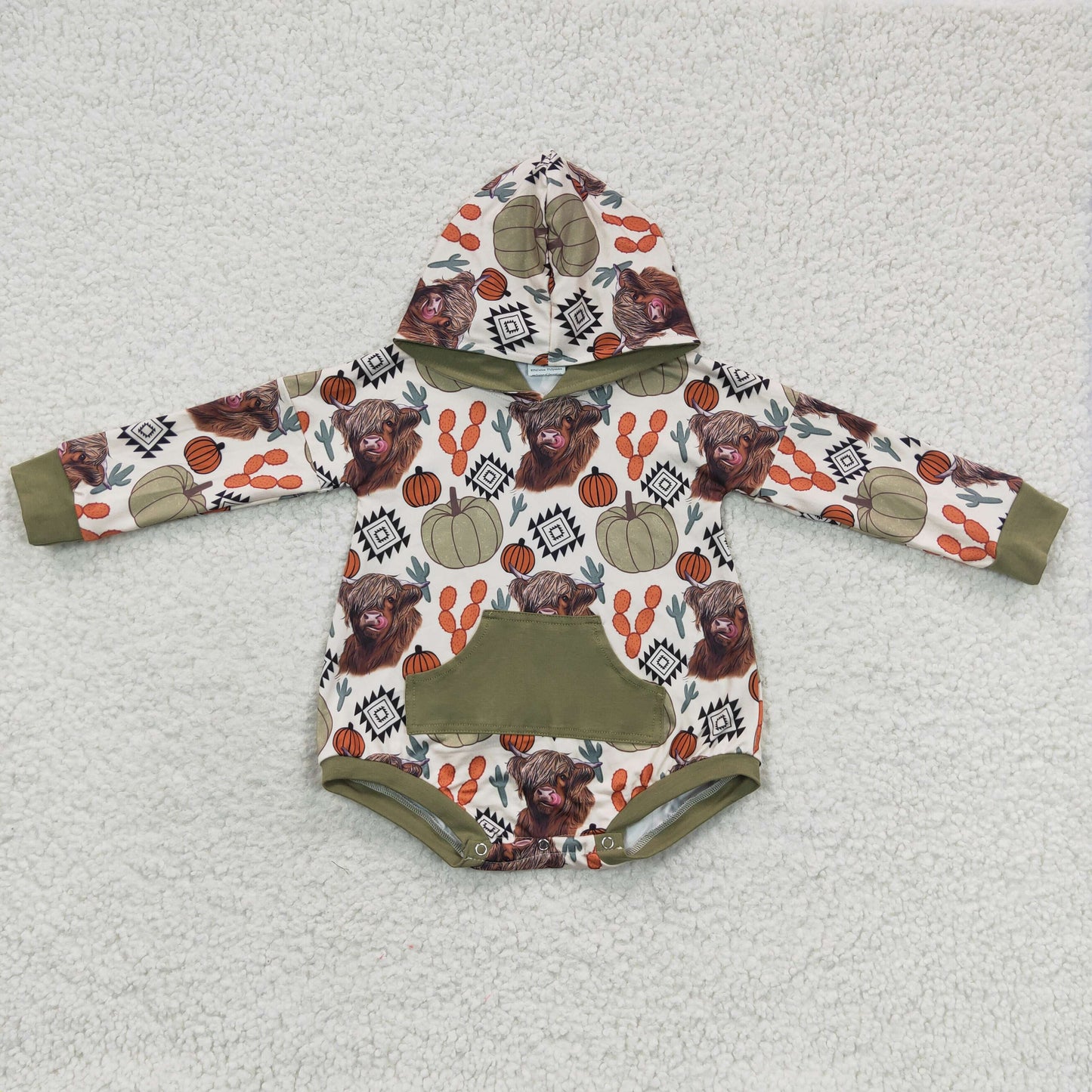 LR0281 Highland Cow Pumpkin Print Baby Fall Hoodie Romper