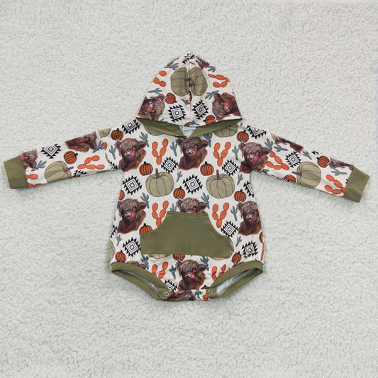 LR0281 Highland Cow Pumpkin Print Baby Fall Hoodie Romper