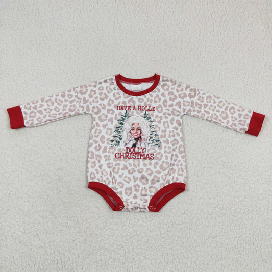 LR0283 Have A Holly Leopard Print Baby Girls Christmas Romper