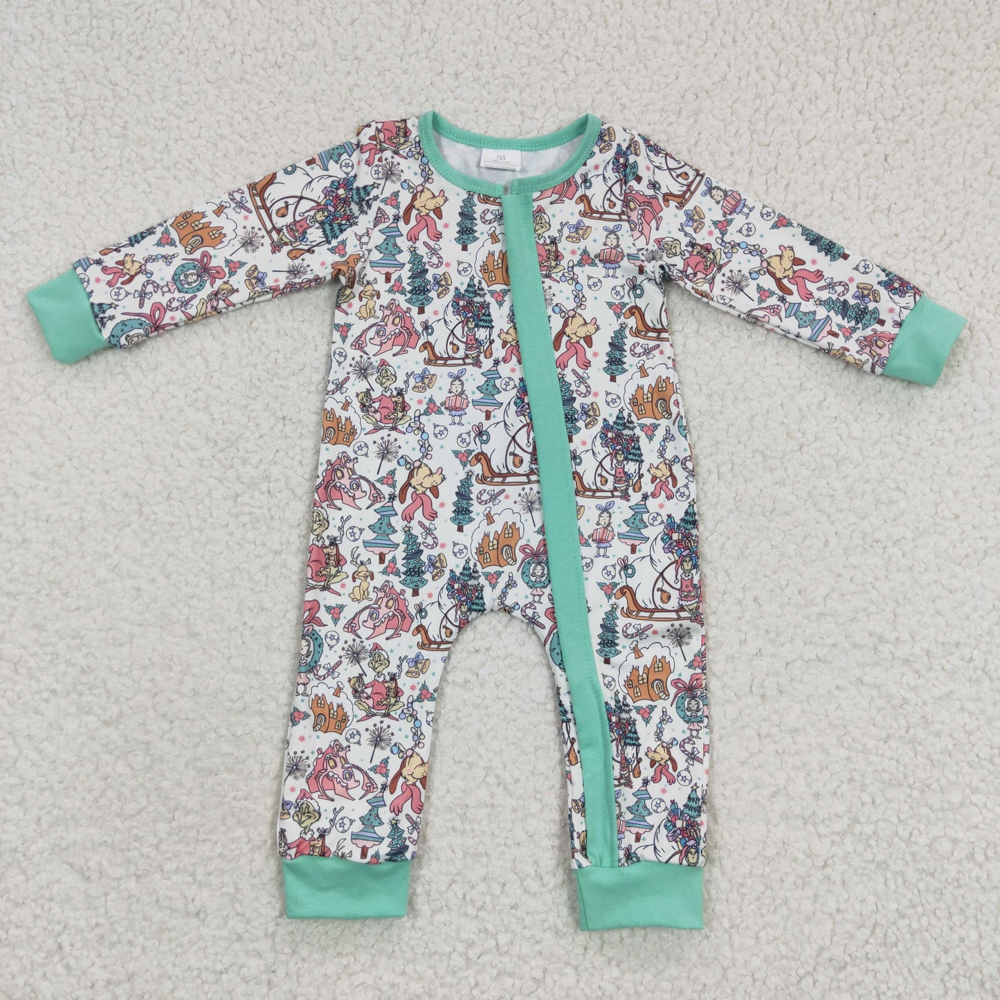 LR0296  Green Frog Friends Print Baby Girls Christmas Zipper Sleeper Romper