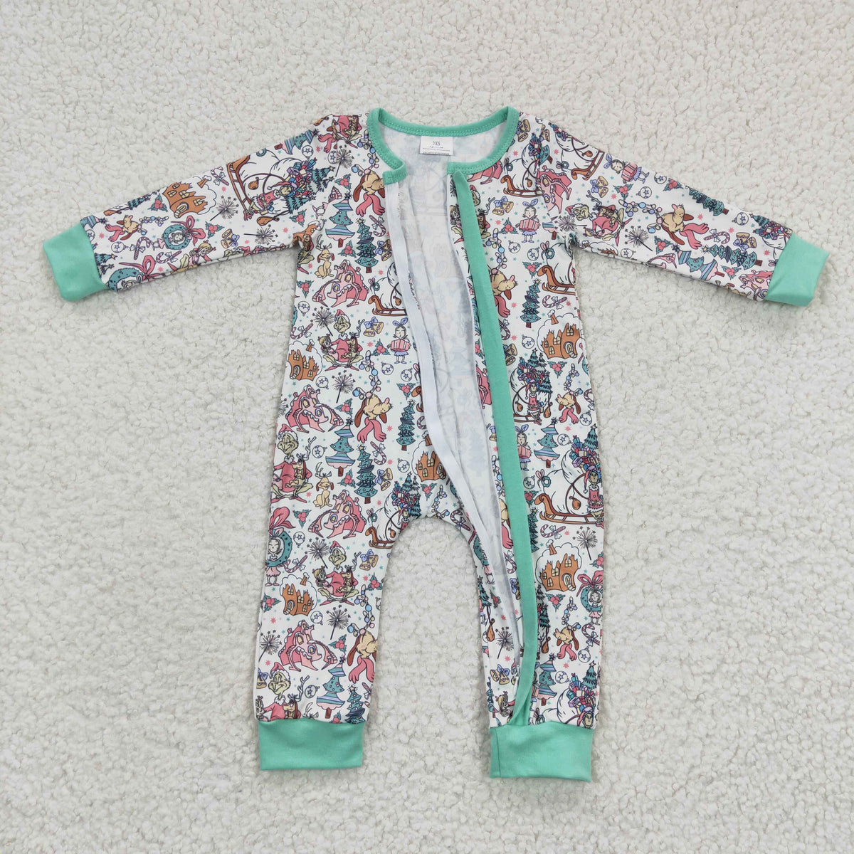 LR0296  Green Frog Friends Print Baby Girls Christmas Zipper Sleeper Romper