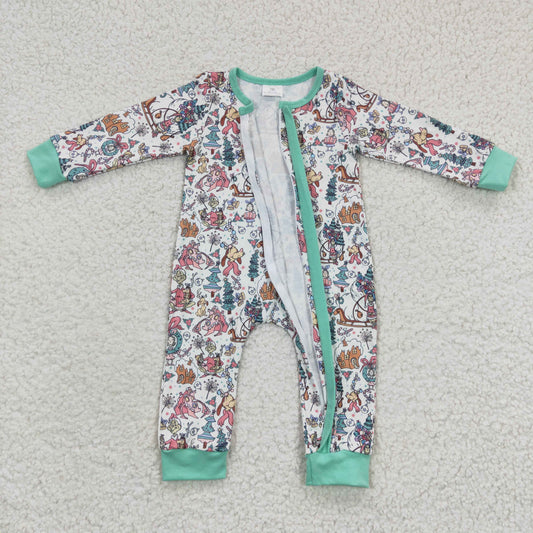 LR0296  Green Frog Friends Print Baby Girls Christmas Zipper Sleeper Romper