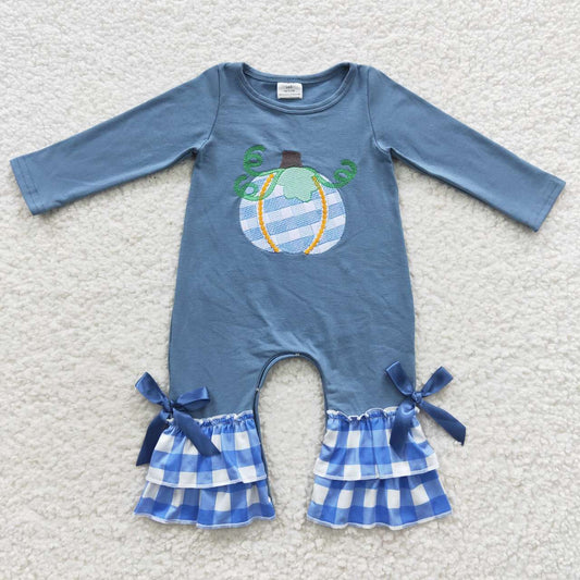 LR0318 Pumpkin Embroidery Blue Baby Girls Fall Romper