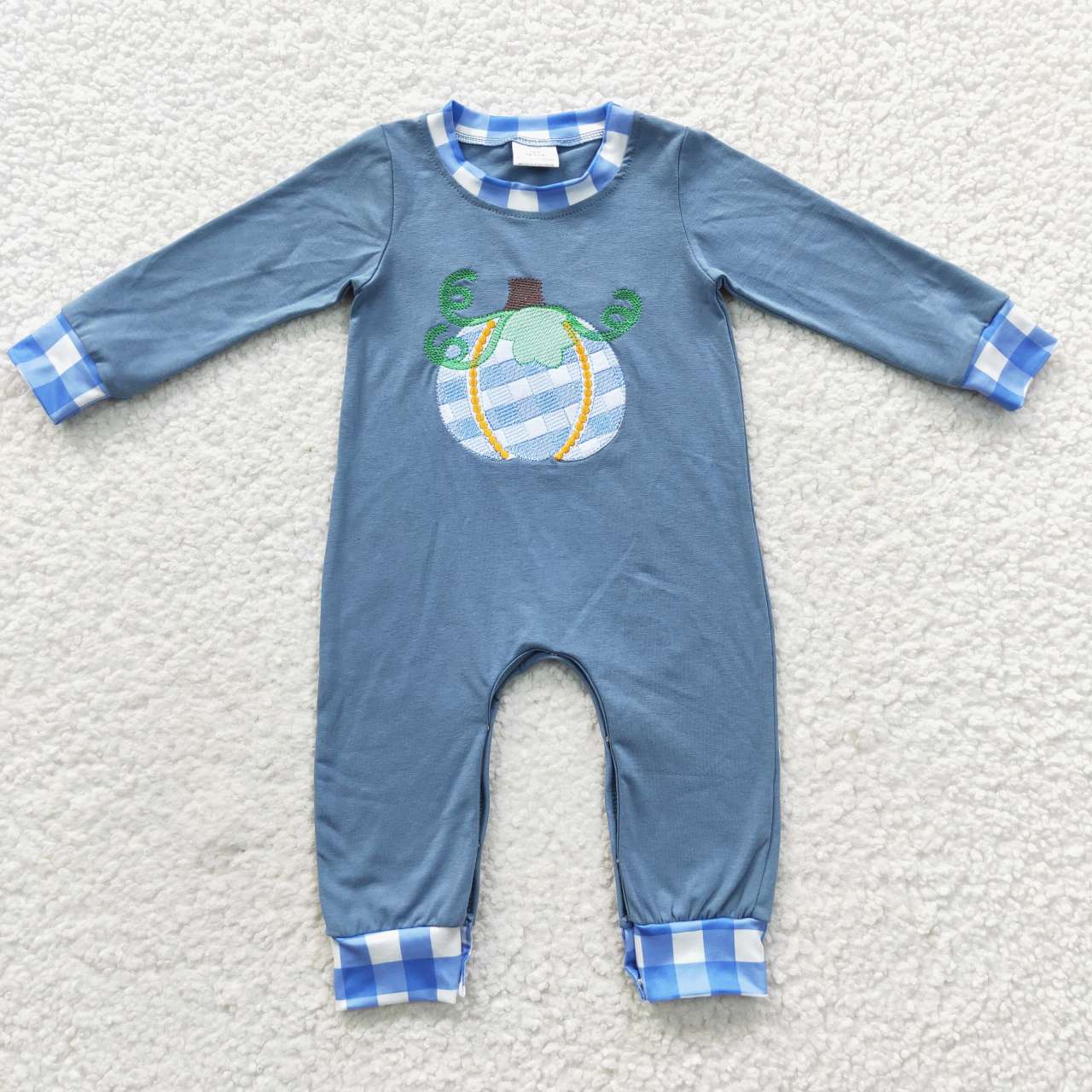LR0319 Pumpkin Embroidery Blue Baby Boys Fall Romper