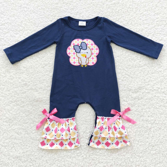 LR0326 Turkey Embroidery Navy Baby Girls Thanksgiving Romper