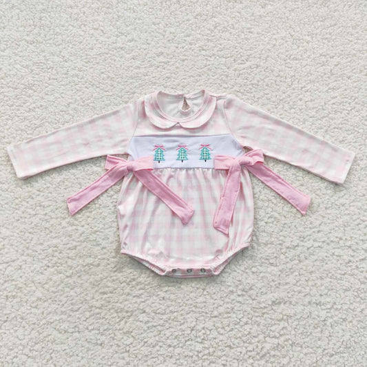 LR0334  Tree Embroidery Pink Checkered Baby Girls Christmas Bows Doll Collar Romper