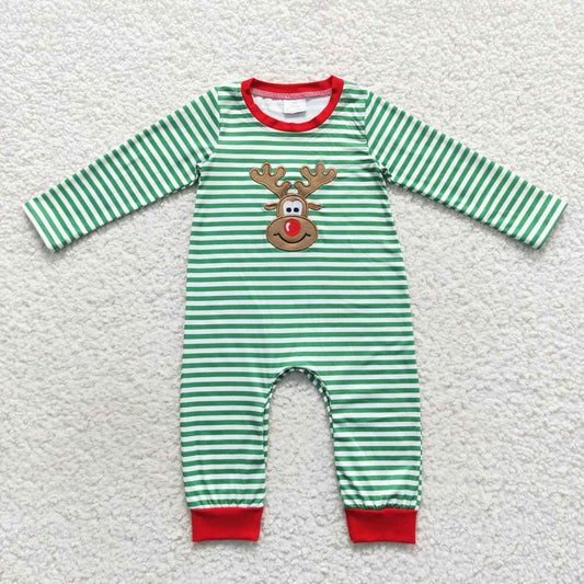 LR0338  Deer Embroidery Green Stripes Baby Boys Christmas Romper