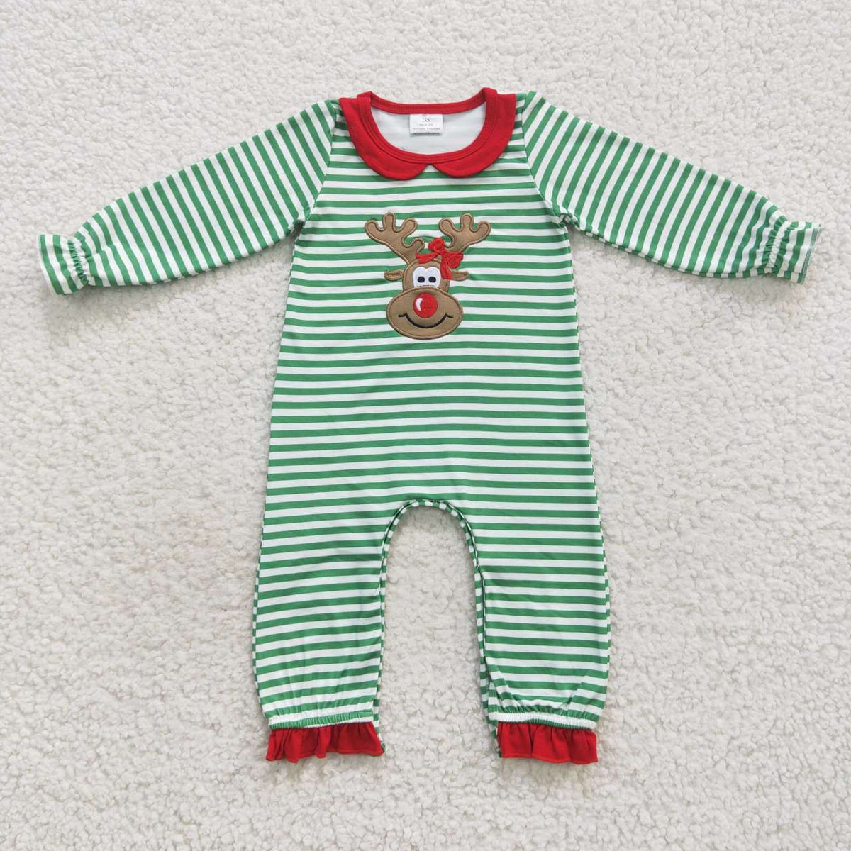 LR0339  Deer Embroidery Green Stripes Baby Girls Christmas Ruffle Romper