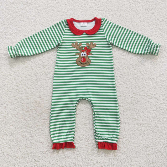 LR0339  Deer Embroidery Green Stripes Baby Girls Christmas Ruffle Romper